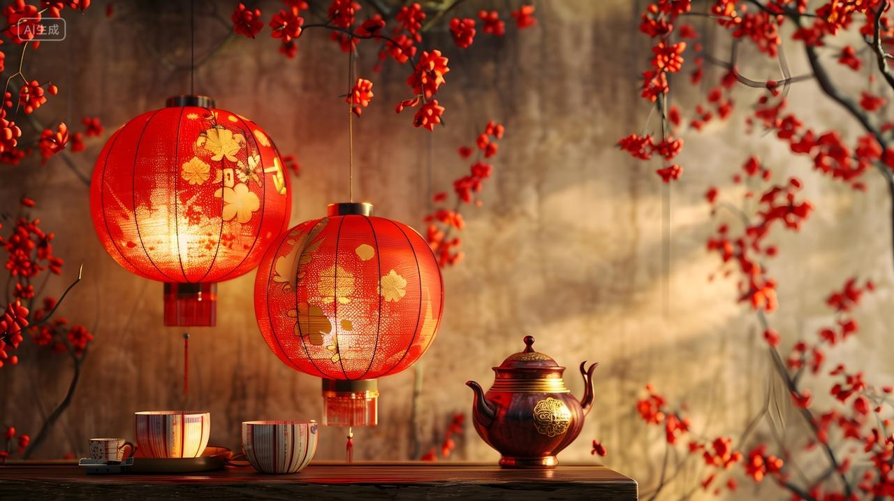 红色灯笼与梅花装饰的中式静物场景壁纸