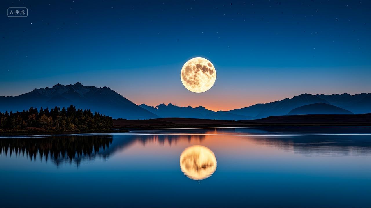 中秋月亮倒映在水面上月色风景八月十五中秋节元宵节