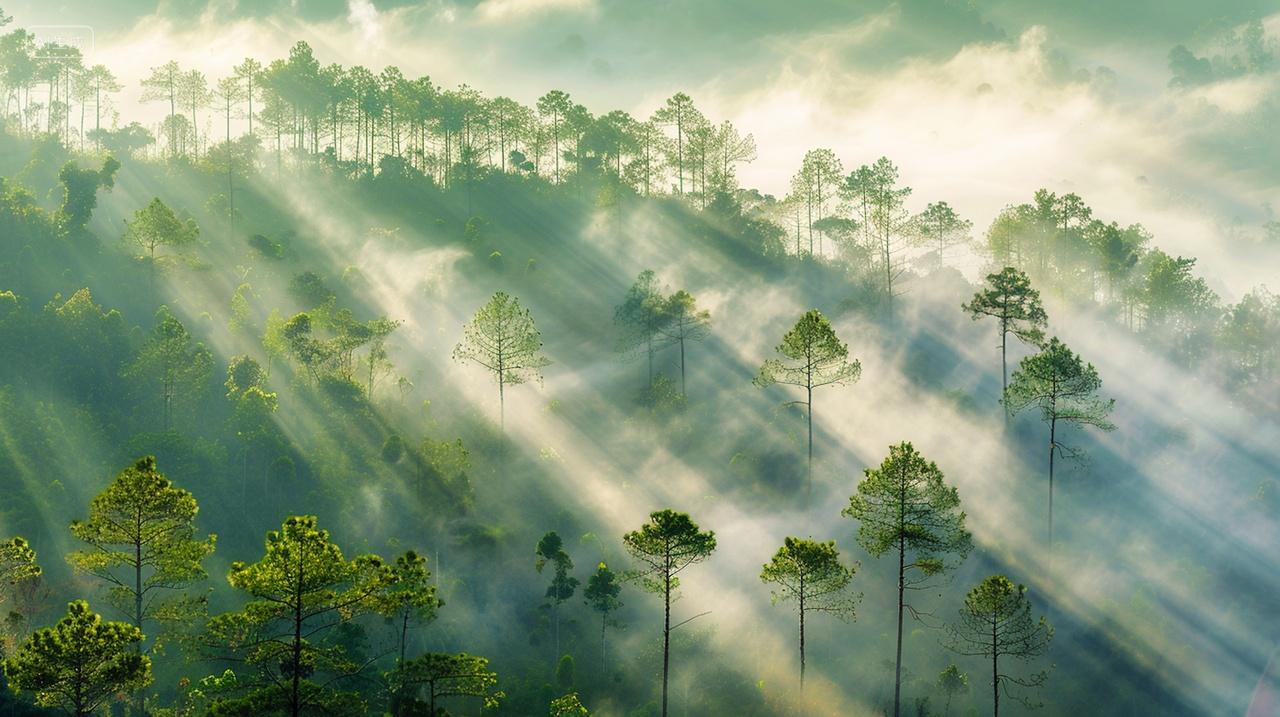 航拍清晨阳光穿过森林烟雾自然风景