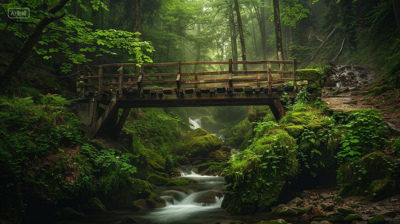 原始森林中的一座小木桥自然风景