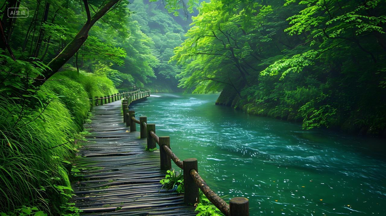 绿色森林中的小径与河流壁纸
