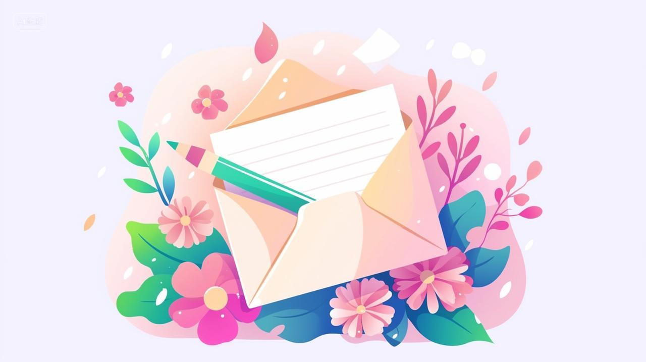 手绘插画粉色治愈系花朵信封背景