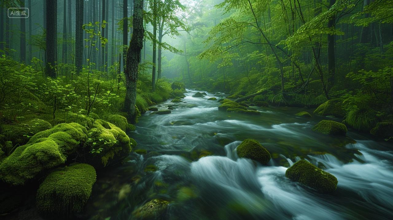 实拍原始森林溪水穿过岩石自然风景