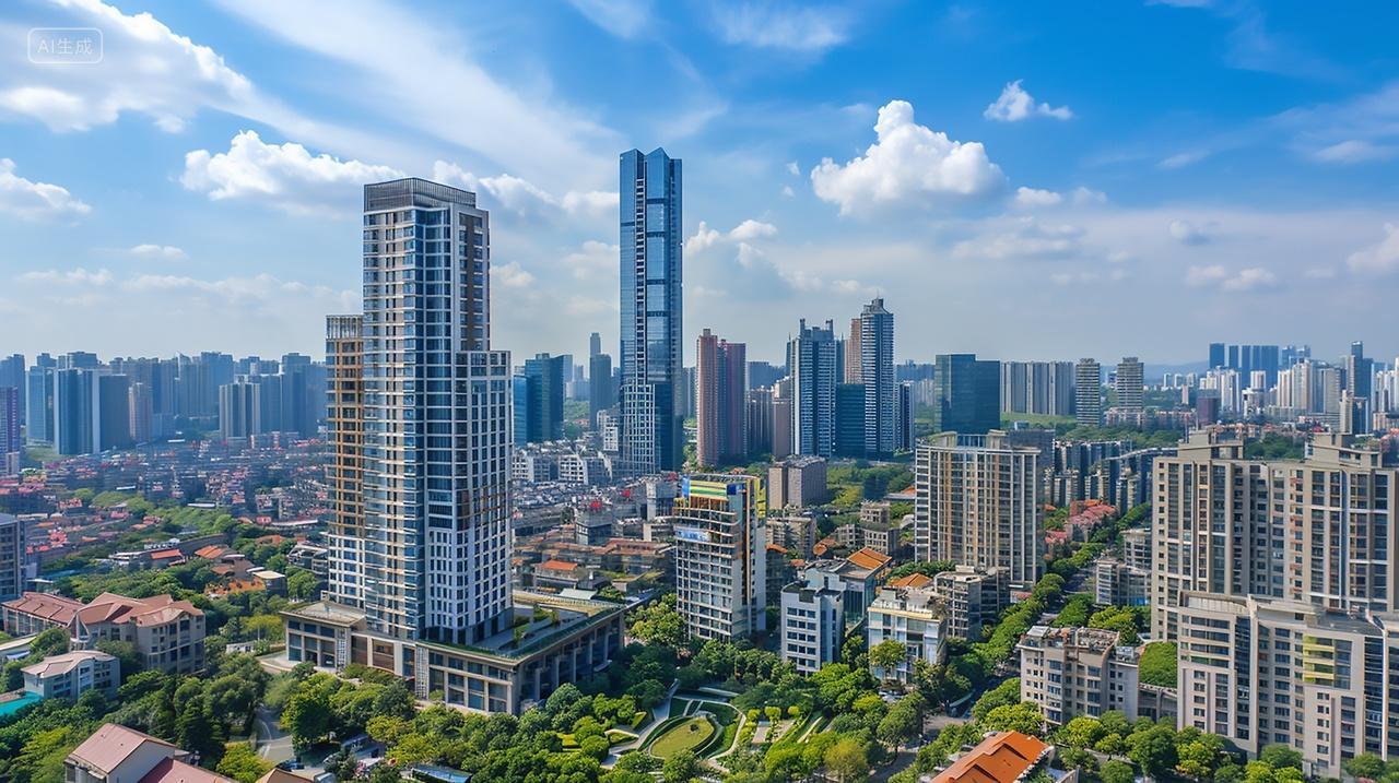 航拍蓝天白云商务城市高楼大厦建筑地产宣传