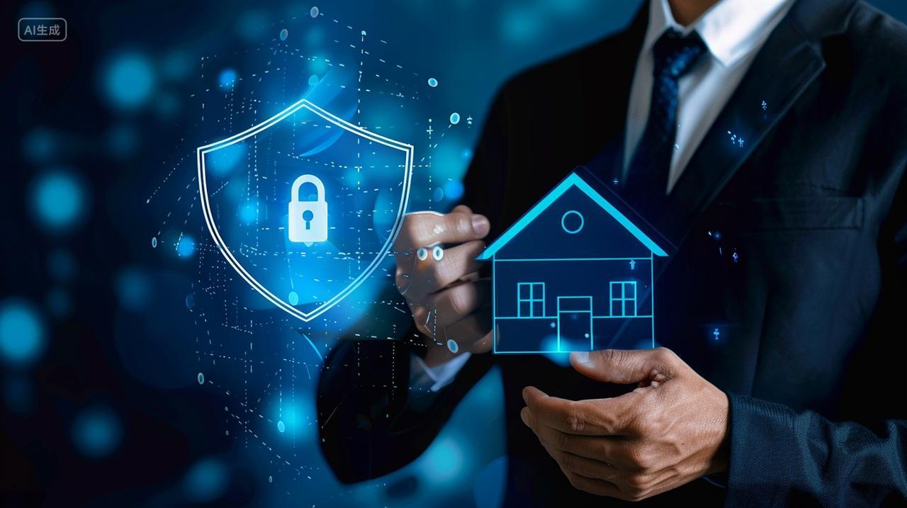 商务商人手拿蓝色虚拟房子模型防护盾科技背景