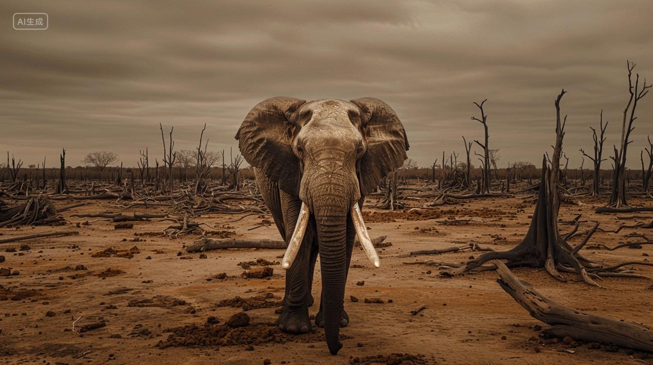 实拍摄影过度砍伐的森林中站着一只大象森林动物