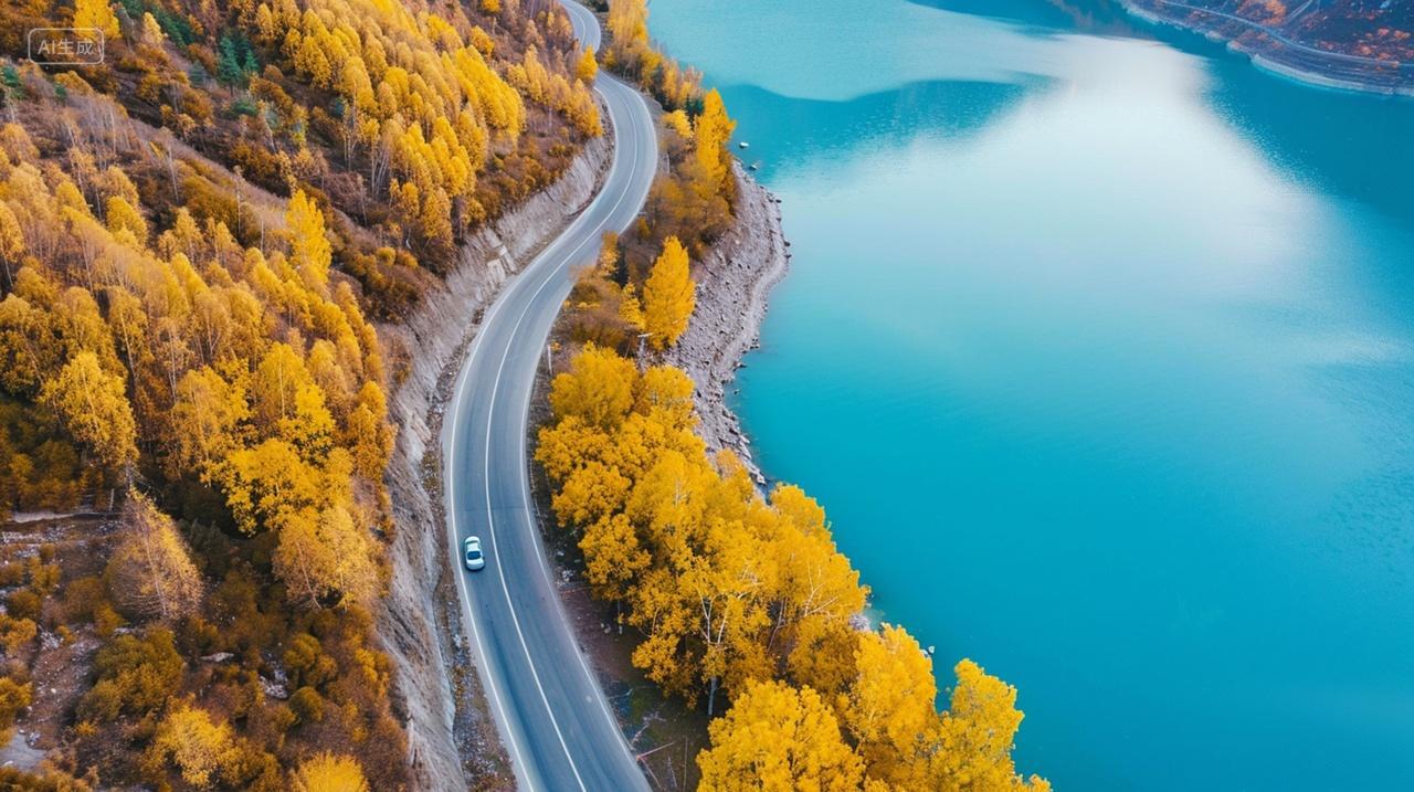 航拍秋天沿海公路上蜿蜒的高速公路