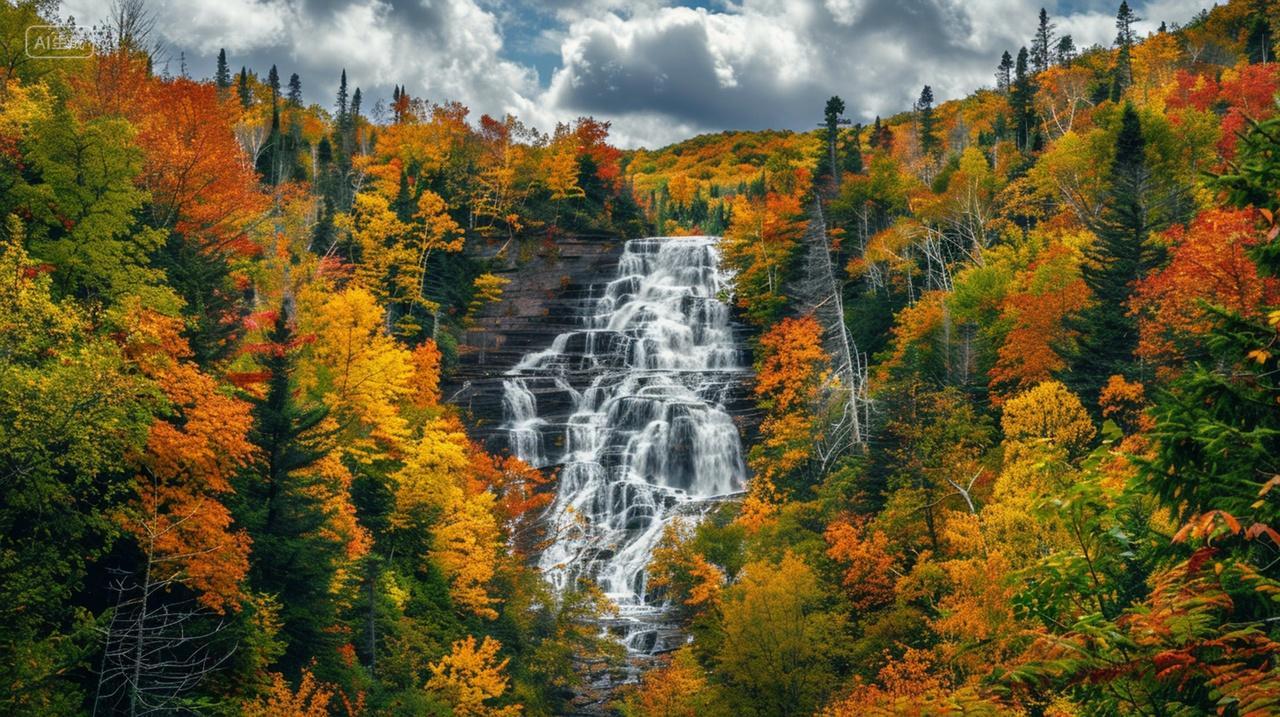 秋天森林瀑布流水自然风景旅行旅游宣传