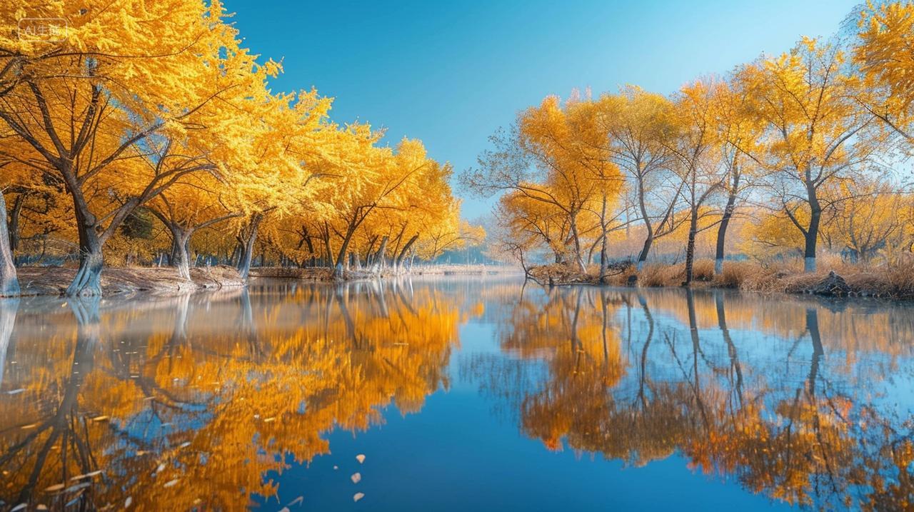 秋天一排树木倒影在湖水水面上