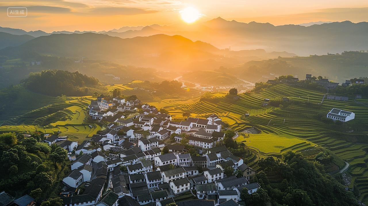 航拍夕阳下山区农村梯田农田房屋自然风光