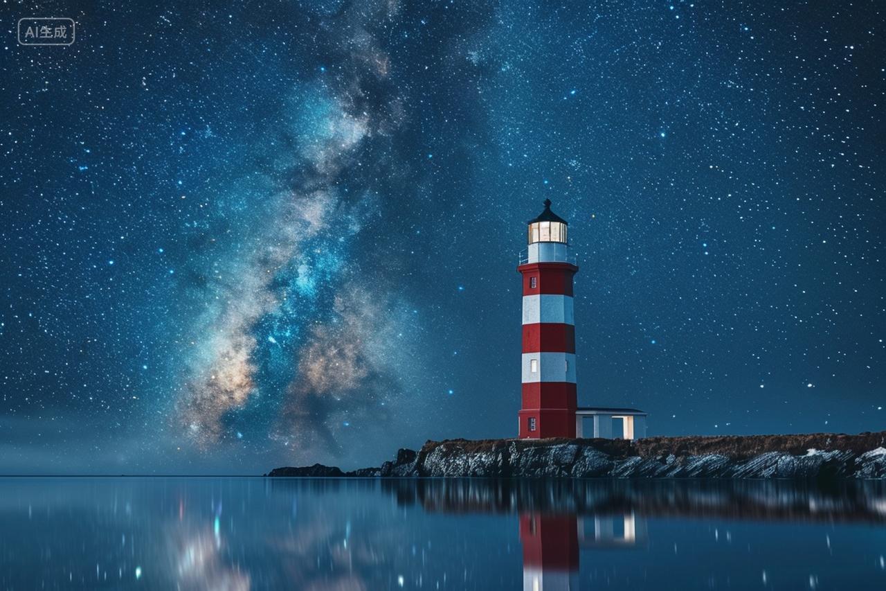 唯美星空海岸上的灯塔建筑