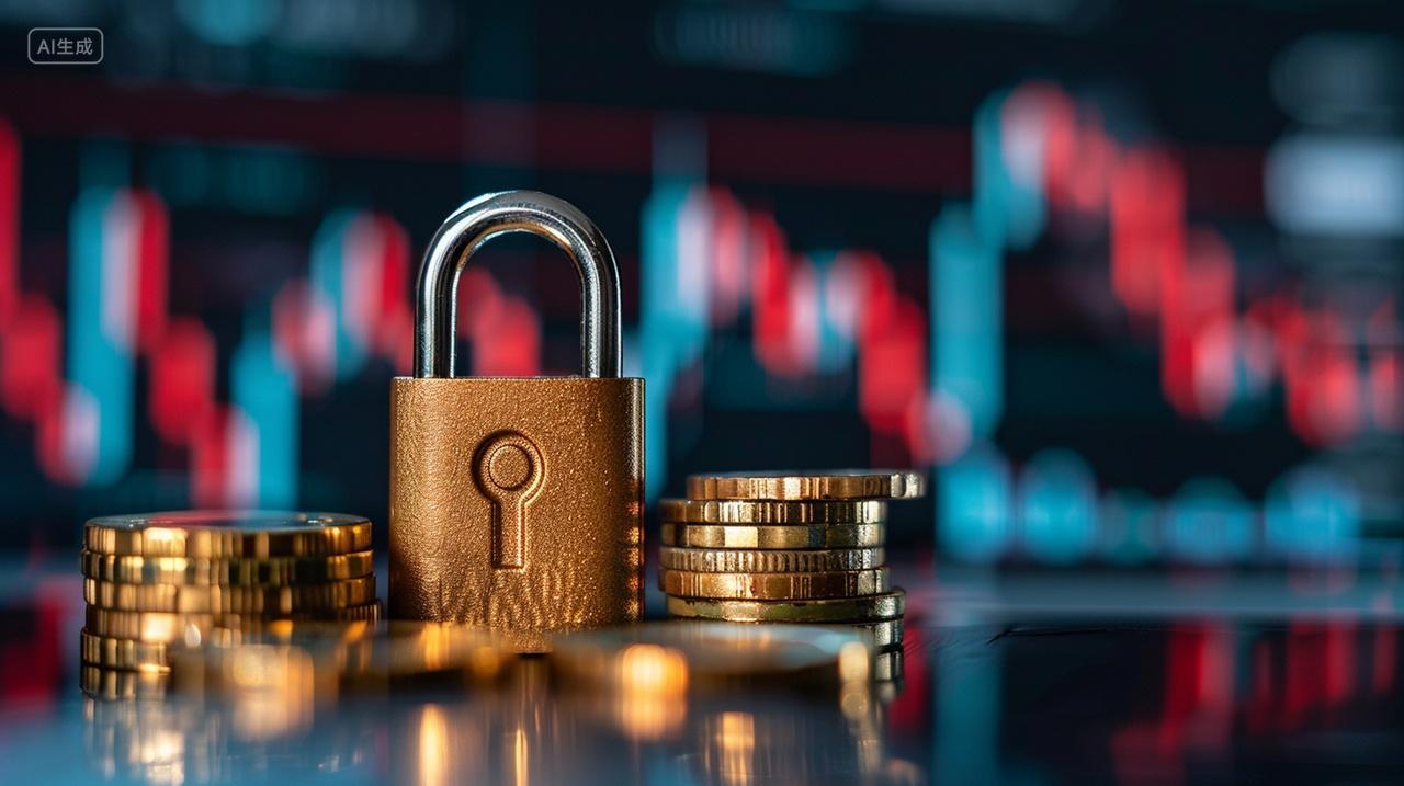 金融商务锁和金币金融经济数据资金安全概念图