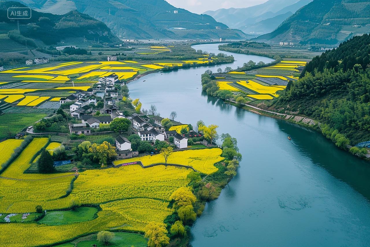 航拍河水两岸油菜花田乡村房子