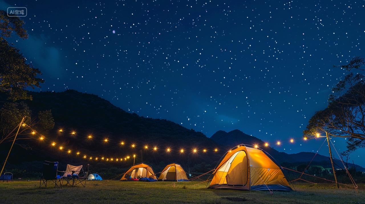 夜晚星空美景露营草地上的帐篷探险冒险