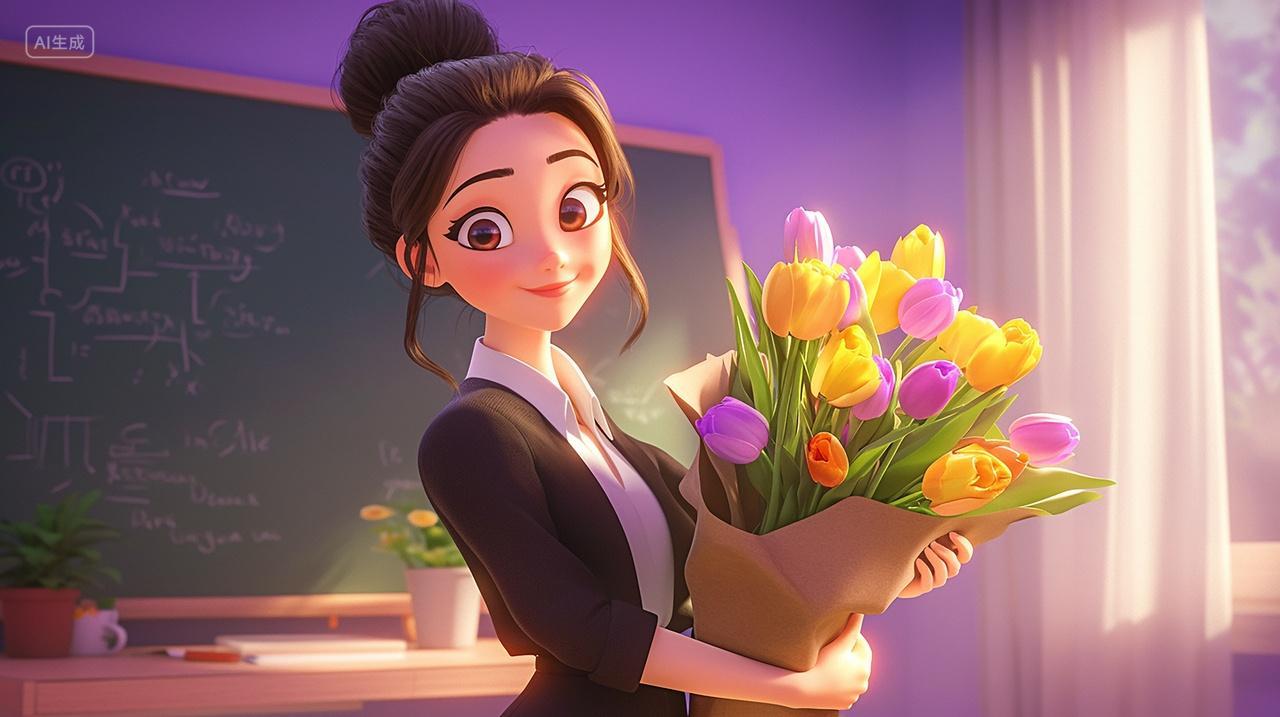 手绘插画教师节教室里手拿一束鲜花的女教师