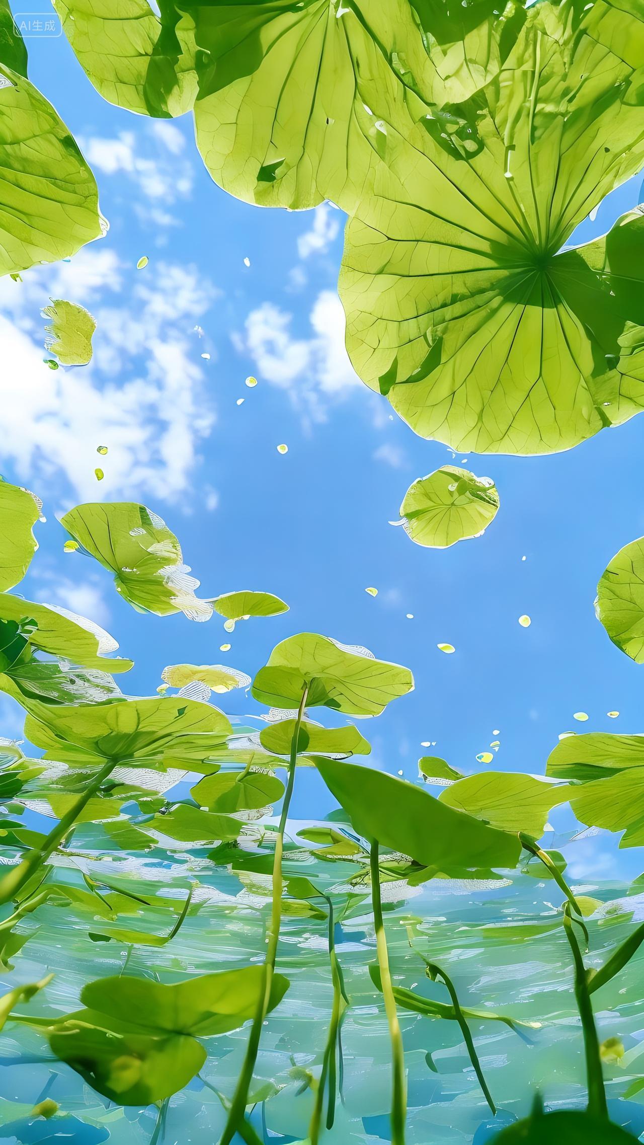 天气晴朗水下荷花荷叶莲花水浮莲手机壁纸