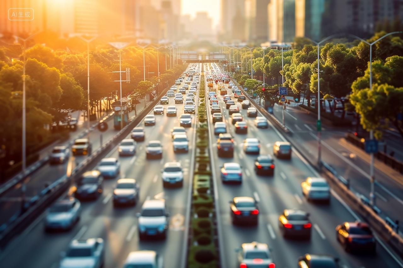 聚焦模糊城市道路上的拥挤车辆车流城市街道城市宣传