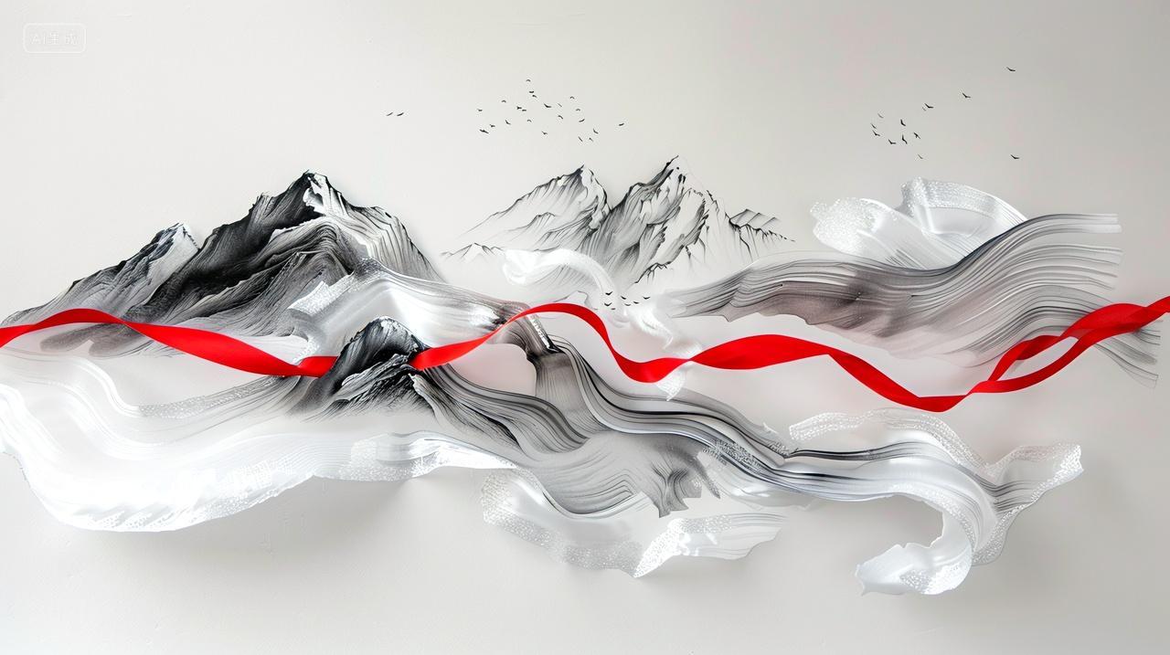 银白色背景红丝带水墨抽象艺术山水画