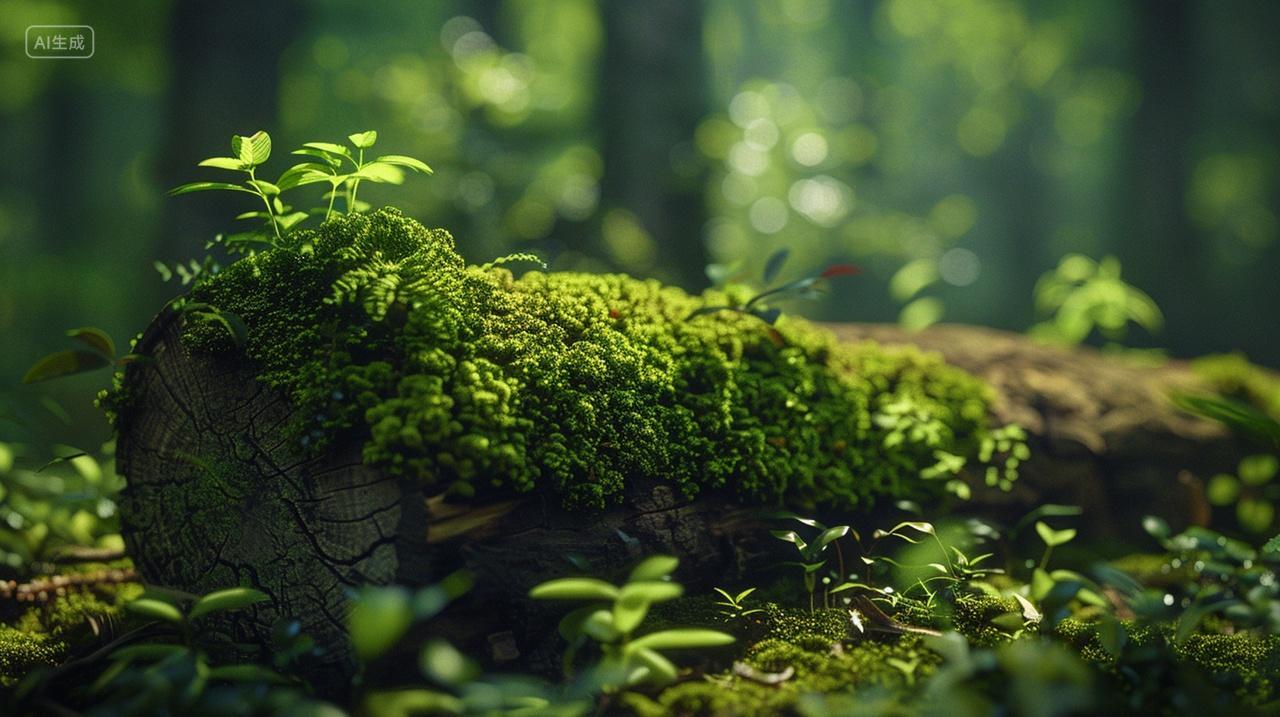原始森林里树木上的青苔特写