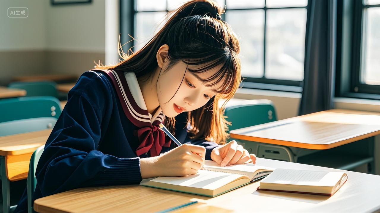 青少年大学生正在教室自习学习写作业