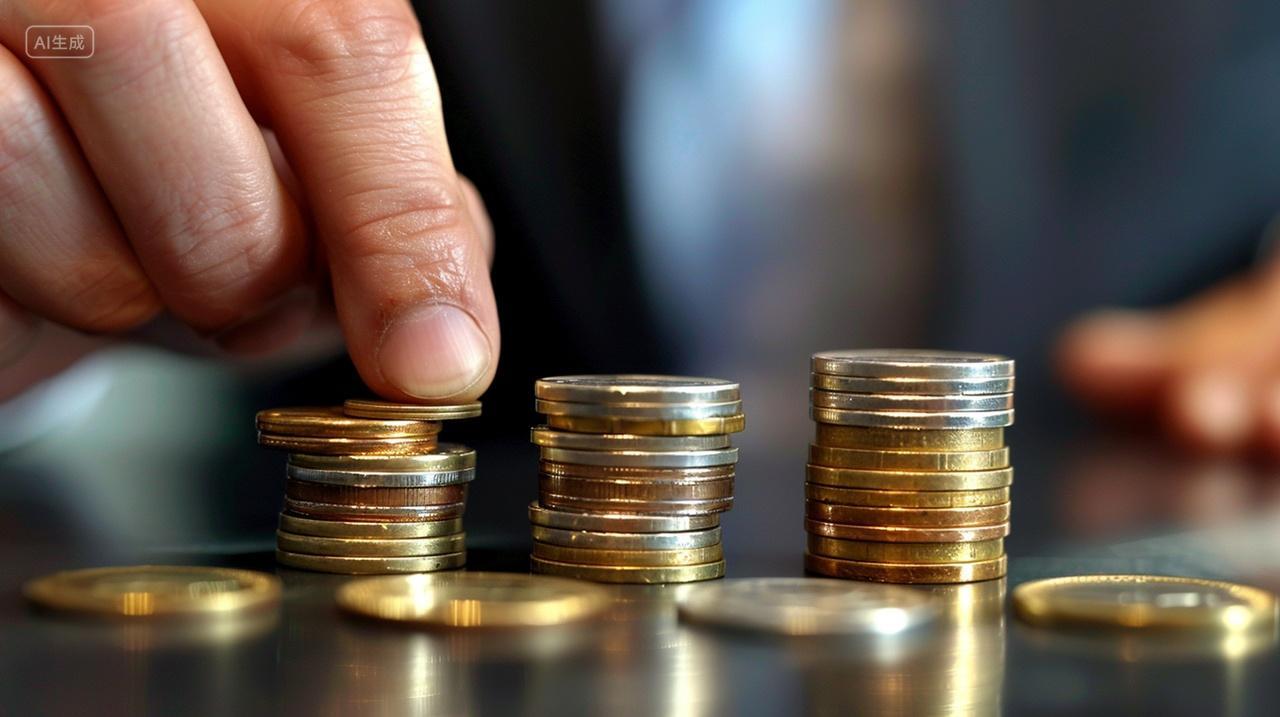 商务金融实拍手拿桌子上的一摞金币投资理财