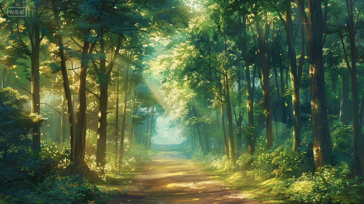 手绘插画背景安静森林里的一条小路