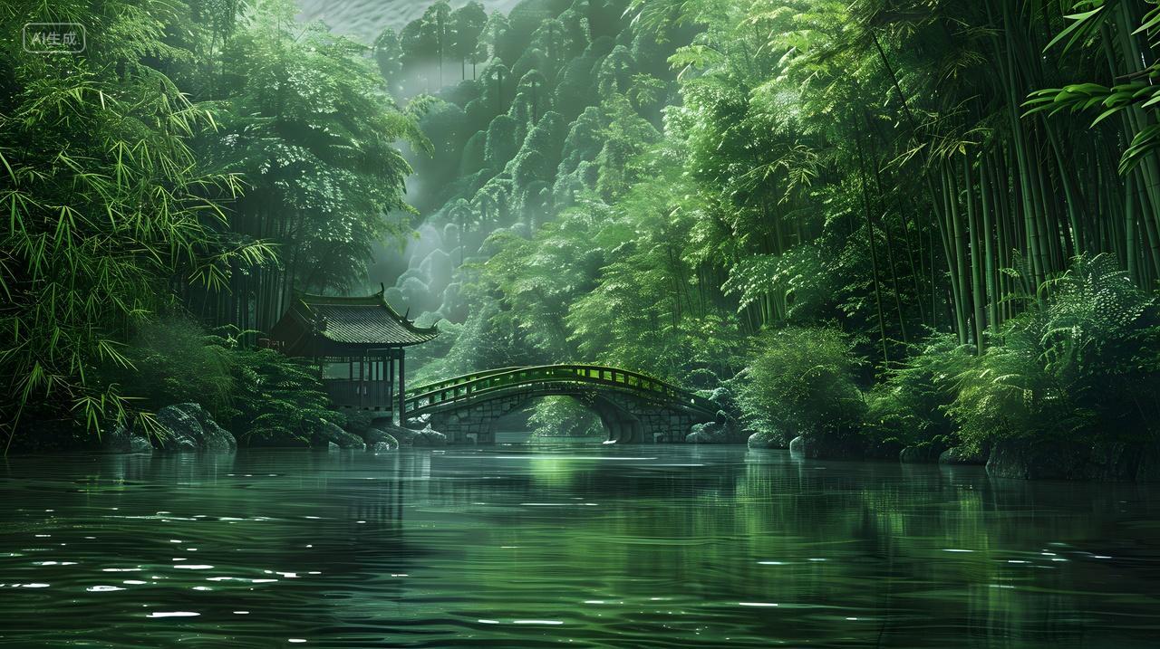 中国园林河流与绿树环绕的拱桥风景壁纸
