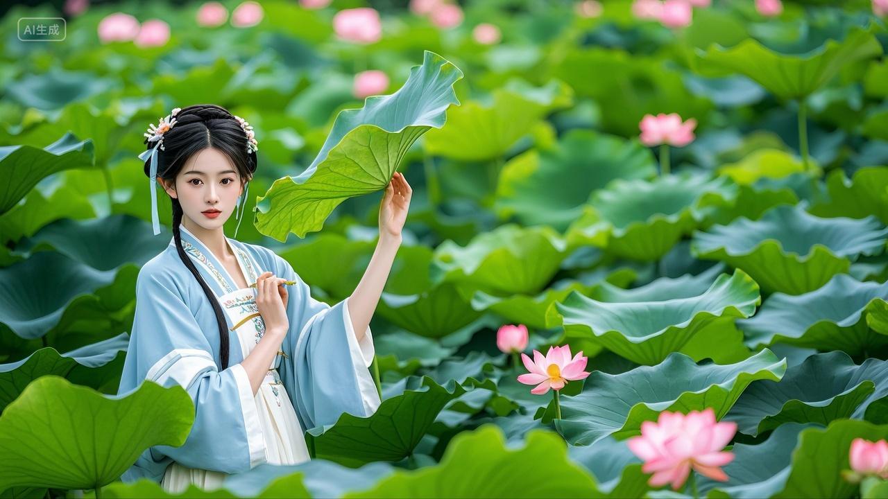 夏日荷塘里的青衫古装美女风景壁纸