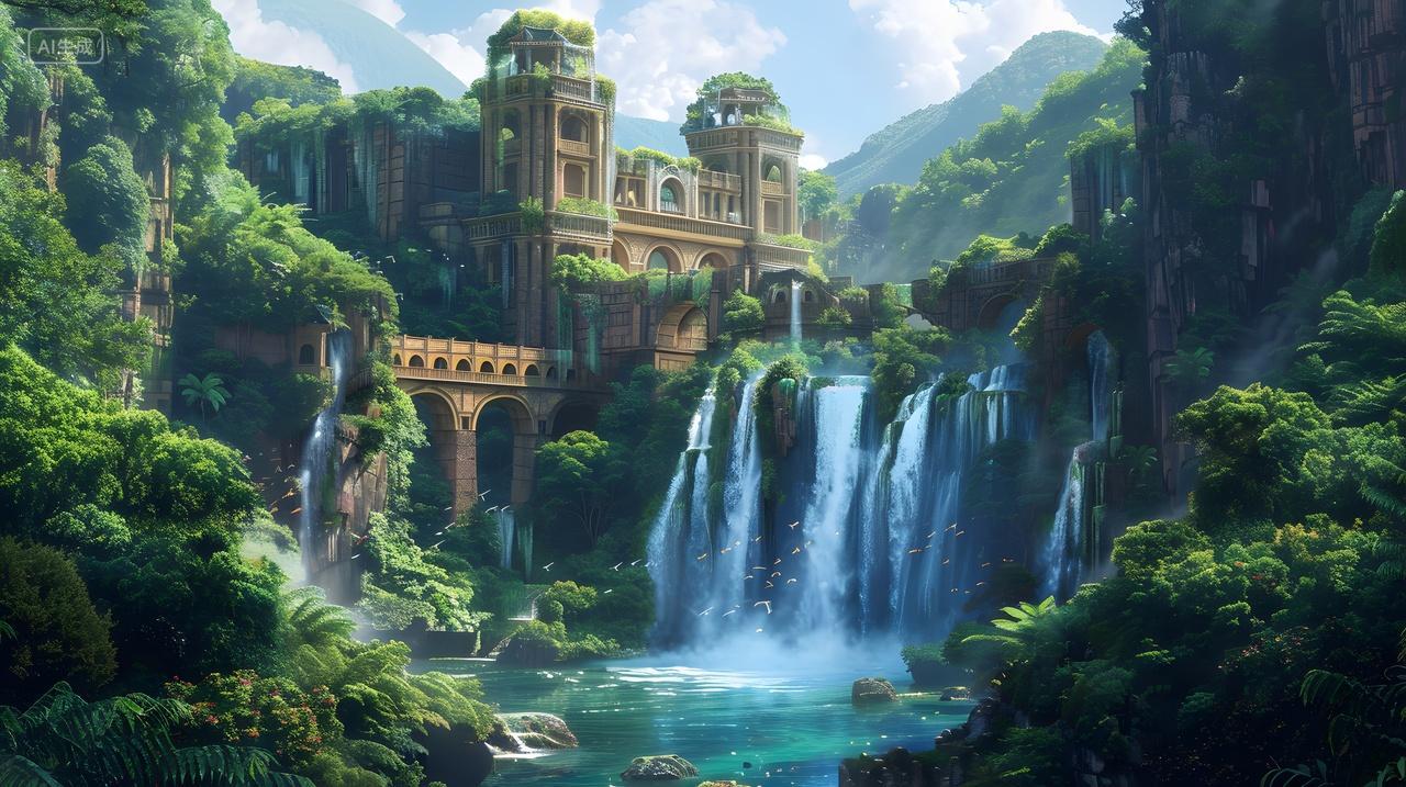 热带瀑布与古堡景观摄影