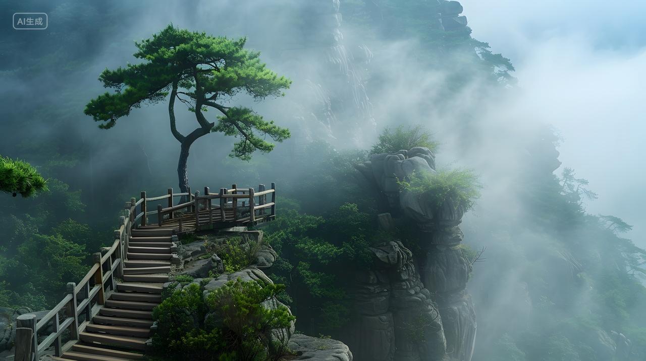 云雾缭绕的山间栈道与松树风景壁纸