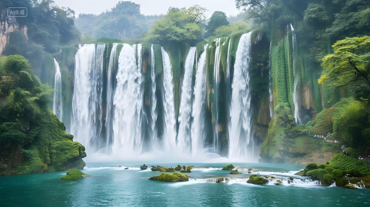 壮观瀑布与绿色植被自然风景