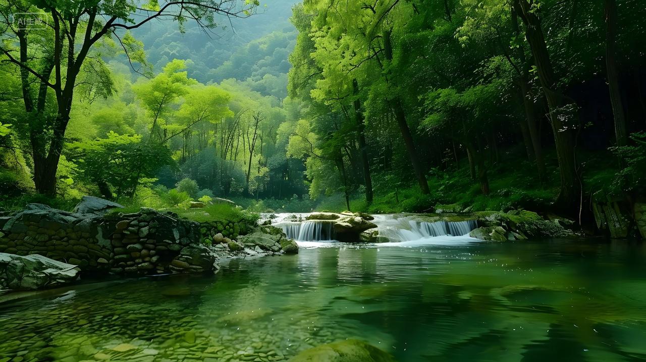 宁静的山间溪流与绿色植被自然风景