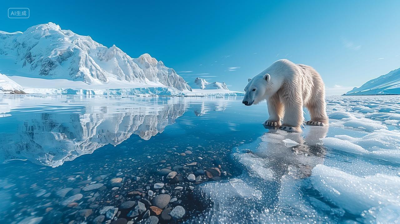 北极熊正面拍摄超广角原始冰湖高耸的雪山北极熊