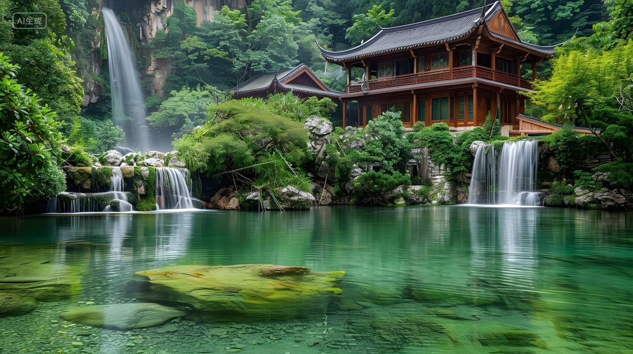 中国园林湖泊与木质楼阁瀑布景色壁纸