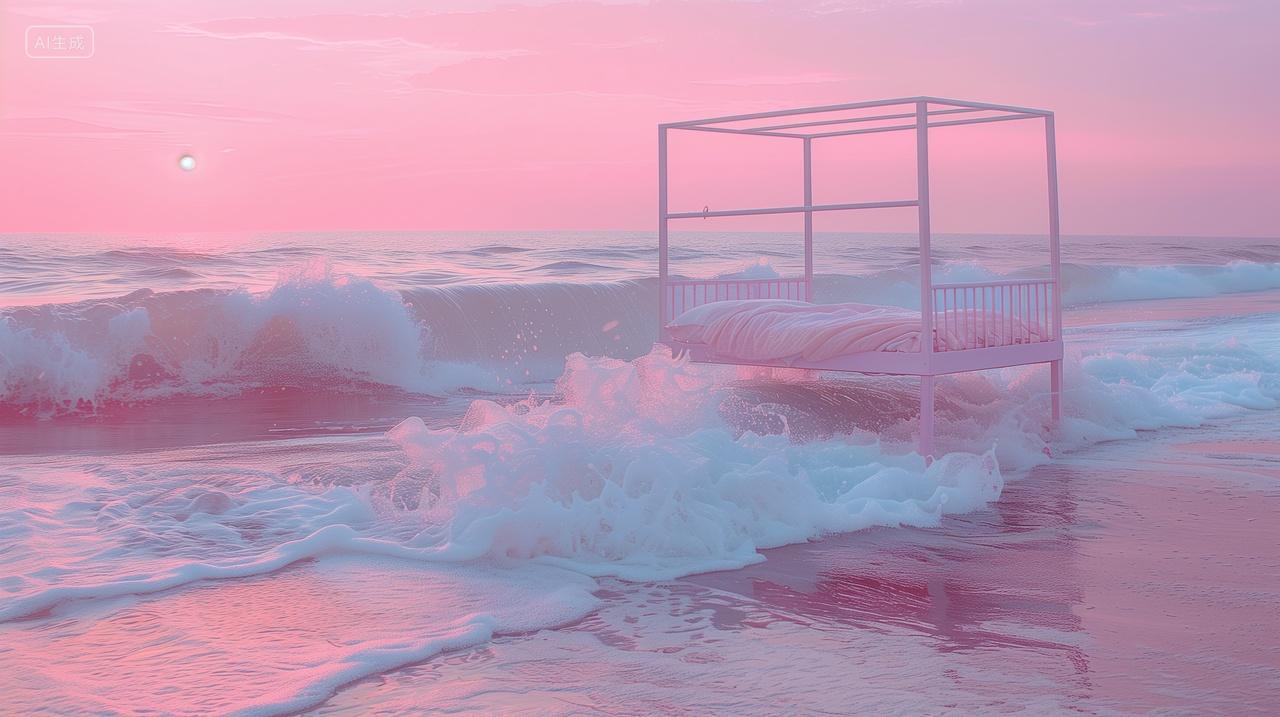 梦幻大海正面床粉色的天空