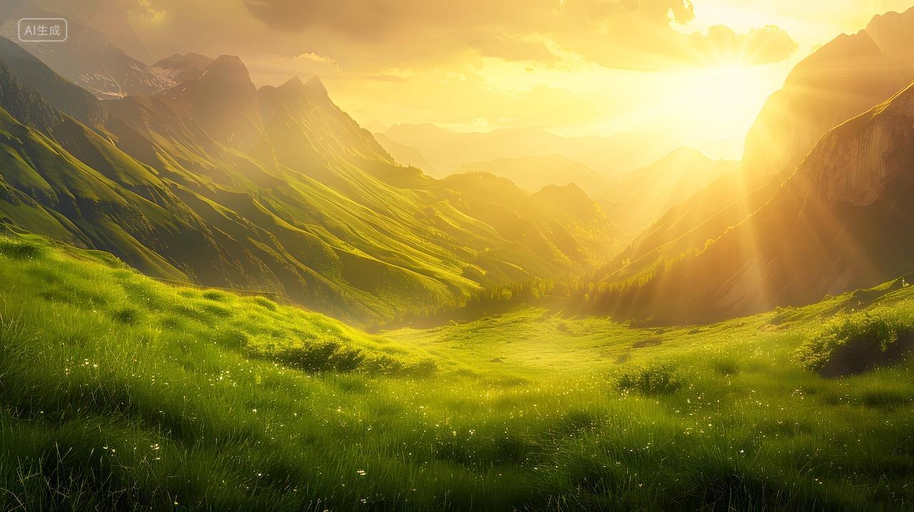 山谷草地日落美景壁纸