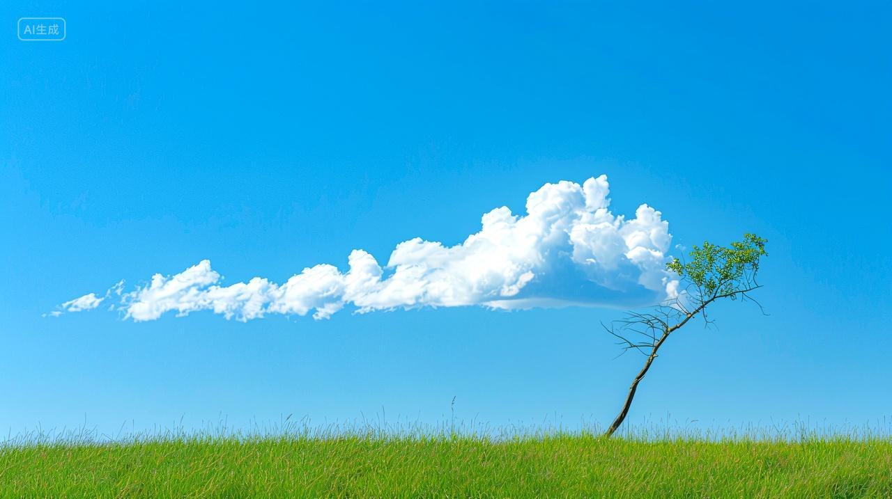 蓝色背景草原树枝上的挂着云朵唯美治愈系