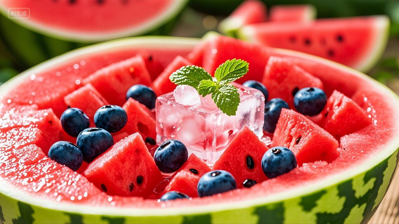 冰镇西瓜蓝莓水果冰块薄荷美食背景小暑大暑入伏