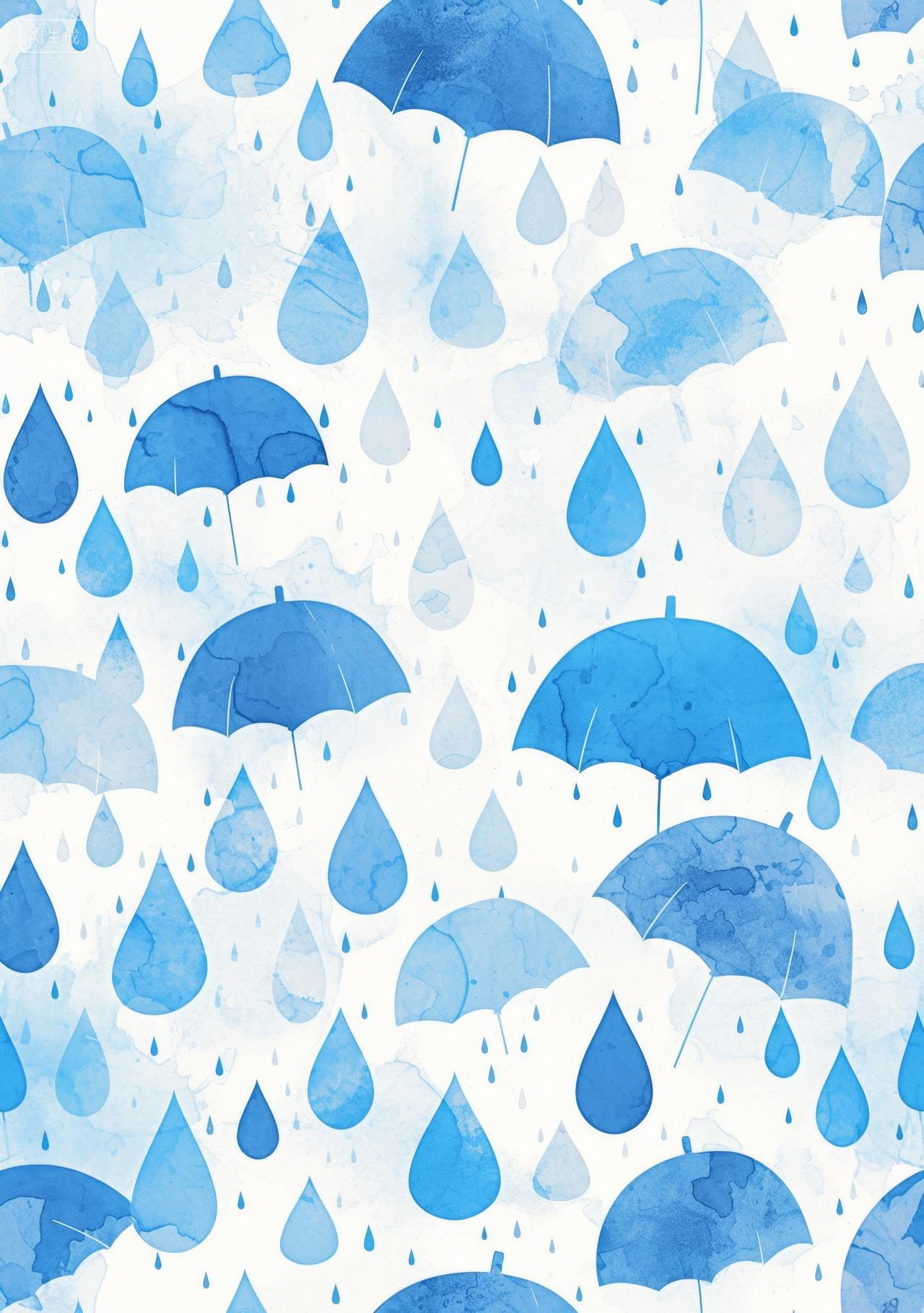 蓝色雨伞与雨滴的梦幻水彩画