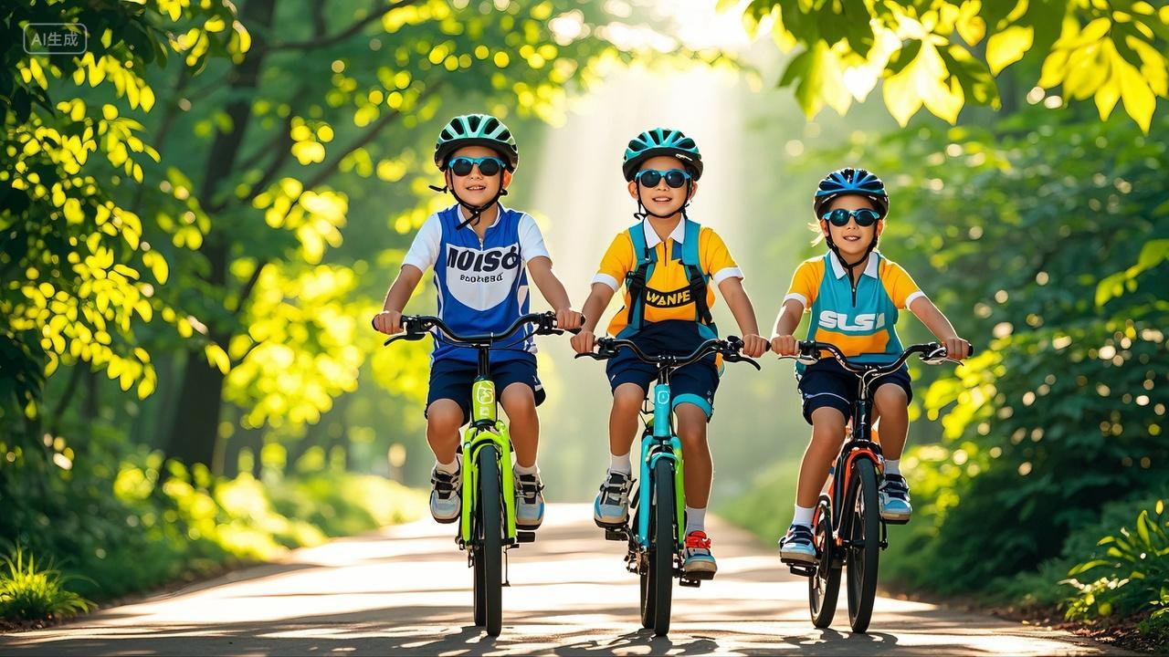 暑期三个小学生户外骑自行车户外运动