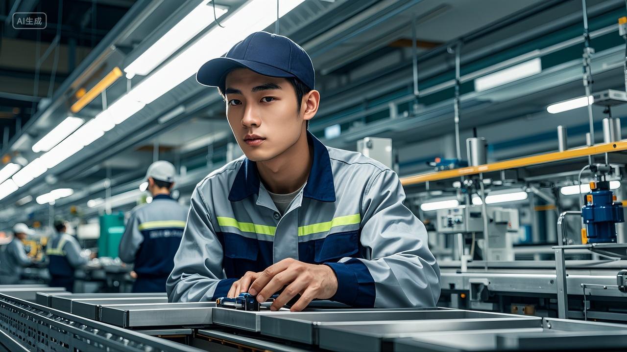 工厂车间流水线工人工作安全生产月