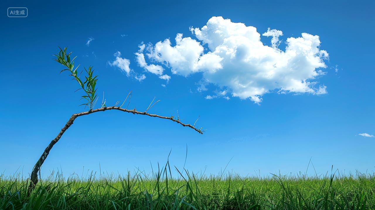 蓝色背景草原树枝上的挂着云朵唯美治愈系