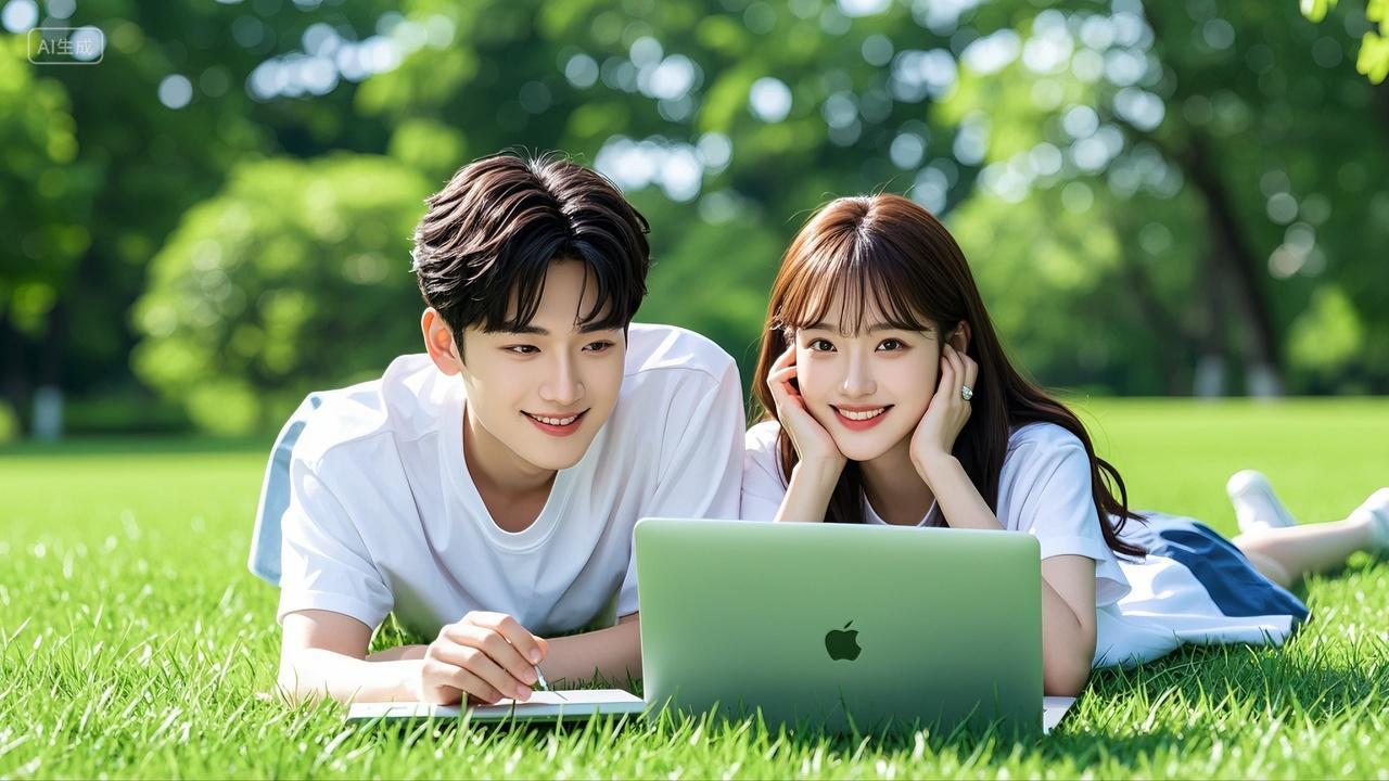大学情侣趴在草地上看电脑学习七夕情人节520
