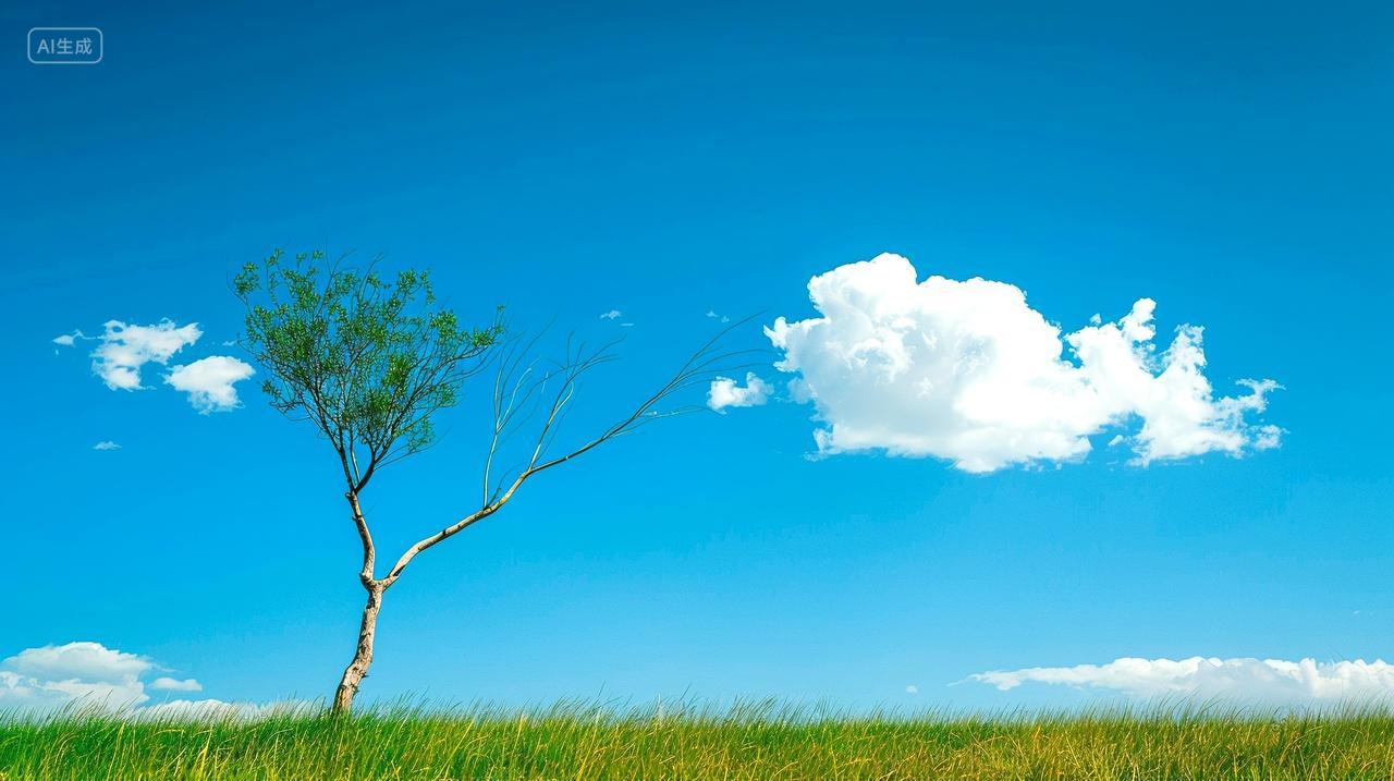 蓝色背景草原树枝上的挂着云朵唯美治愈系