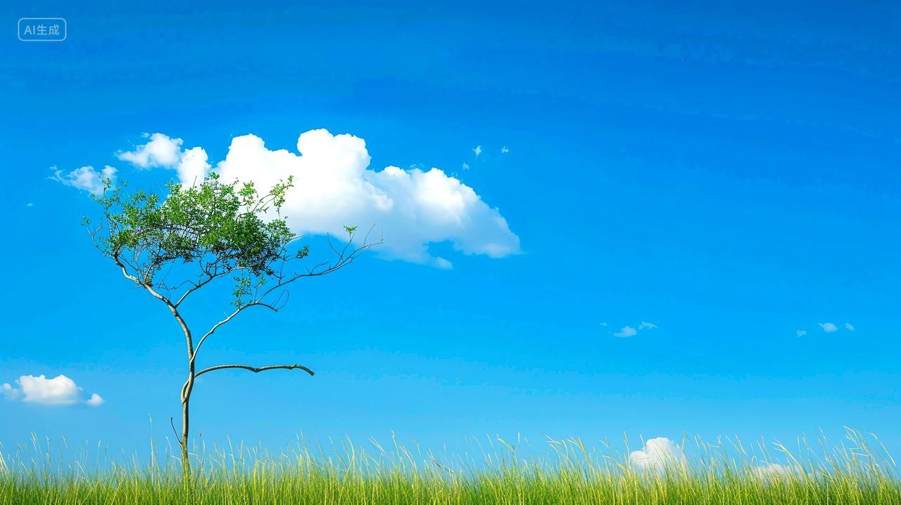 蓝色背景草原树枝上的挂着云朵唯美治愈系