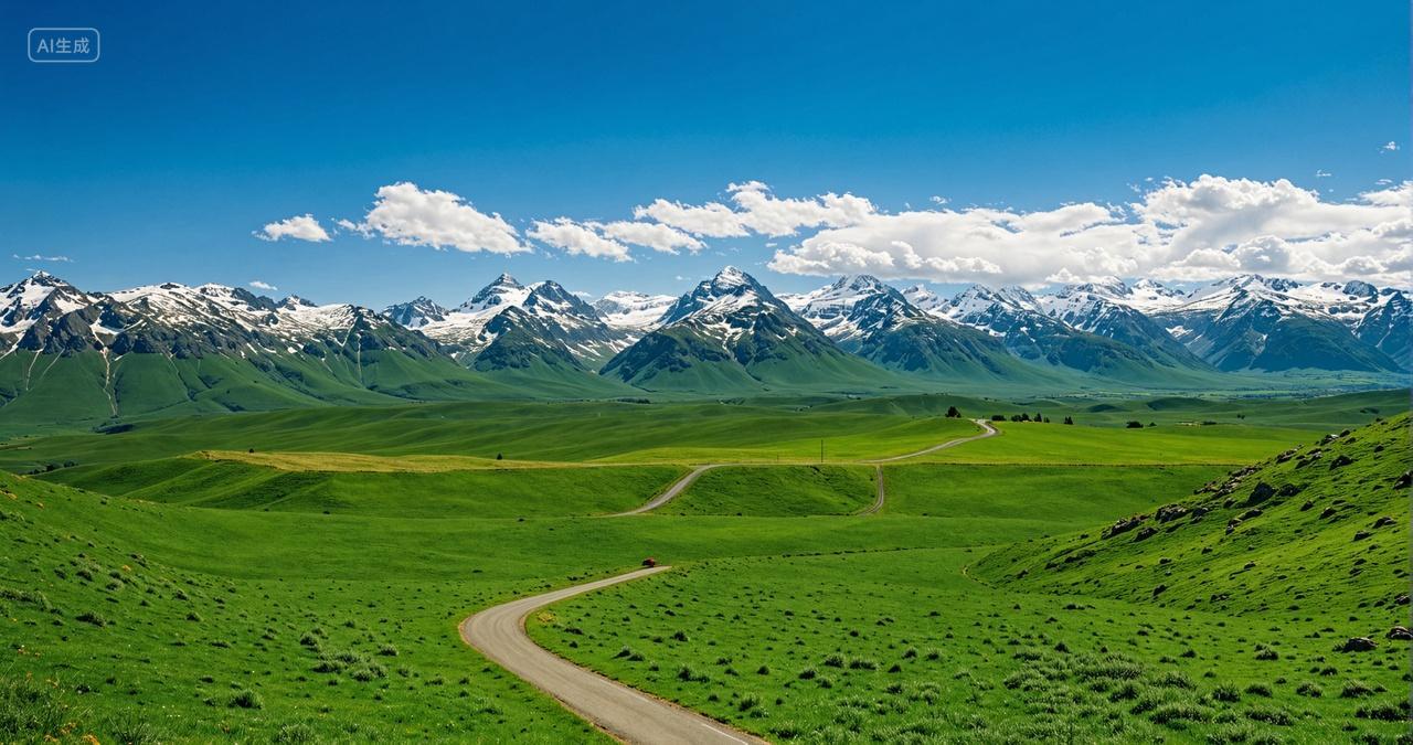 蓝天白云雪山草原自然风景壁纸