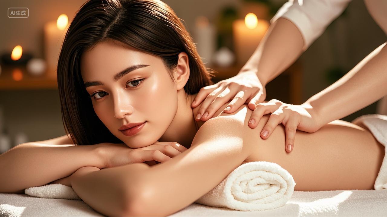 按摩师给美女背部按摩特写美容养生