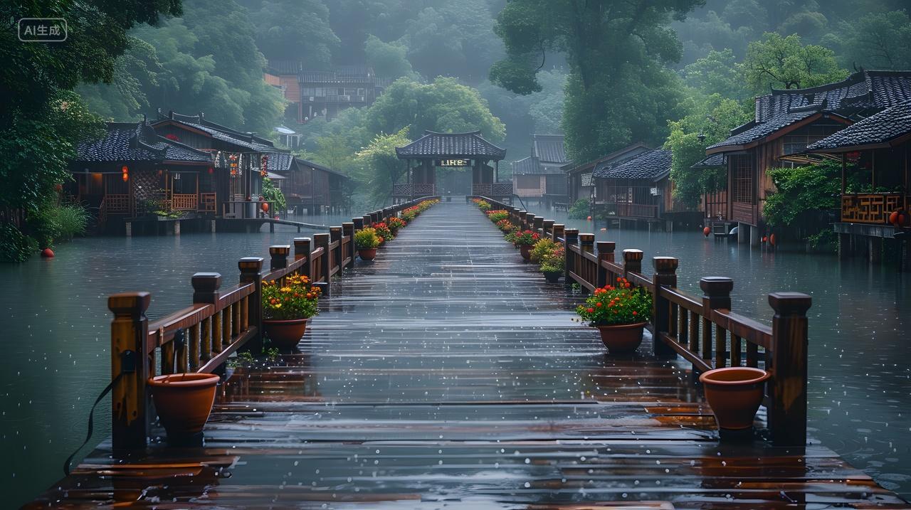雨中古桥乡村景色电脑壁纸