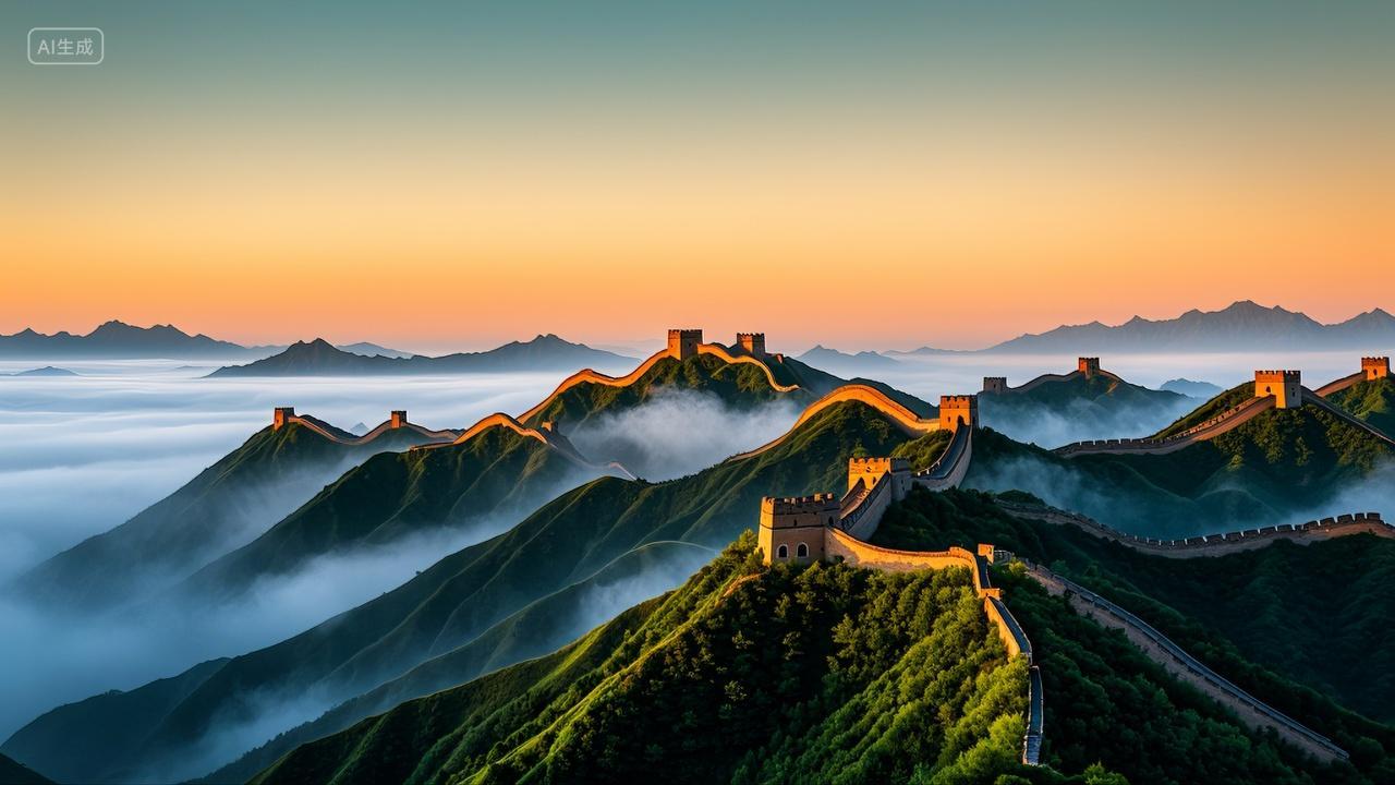 清晨云雾缭绕的雄伟长城风景壁纸旅游地标