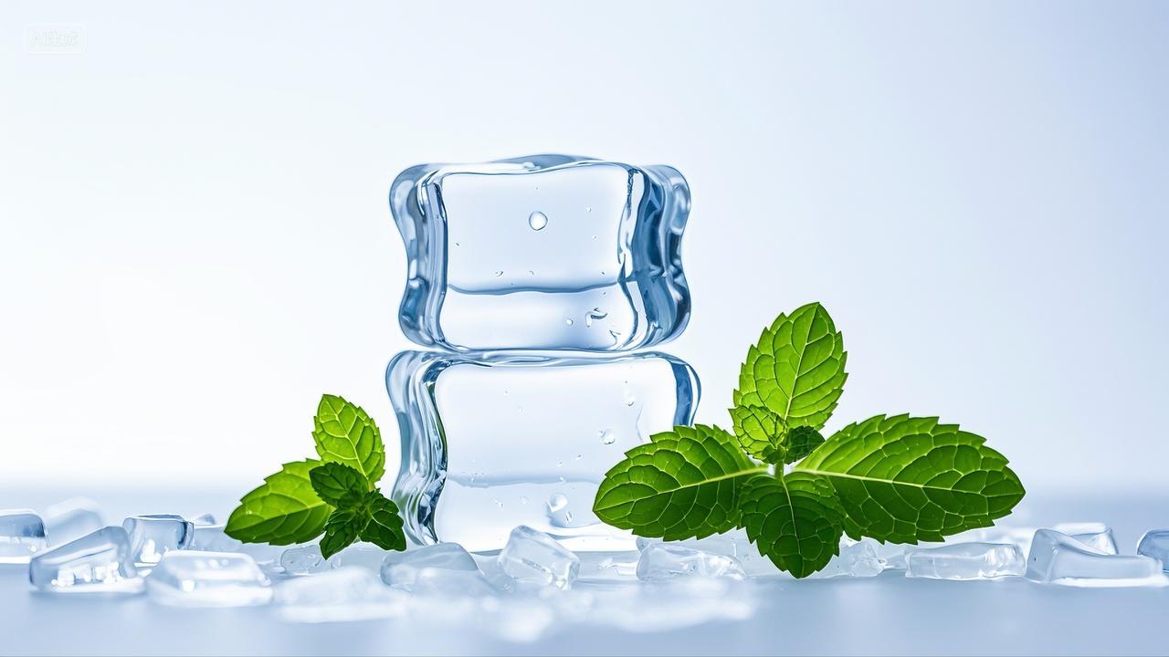 白色背景下的冰块与薄荷清凉解暑小暑大暑